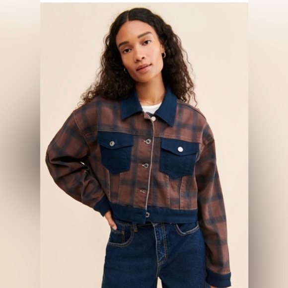 WeWoreWhat modern plaid stretch twill colorblock denim jacket size medium new - Picture 3 of 17